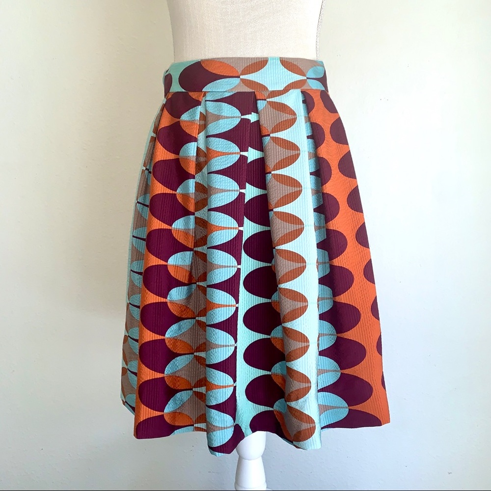 Anthropologie A-Line Skirt in Aqua, Rust & Plum Geometric Print